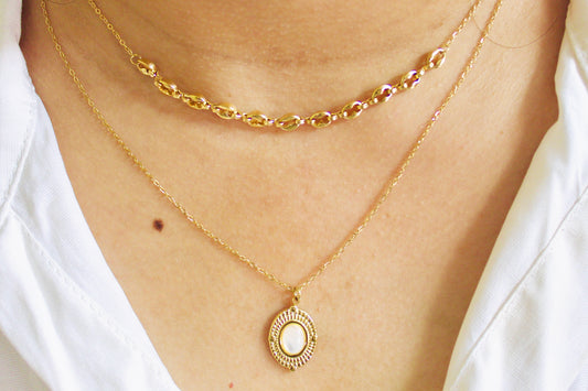 Oval Pearl Pendant Layered Necklace