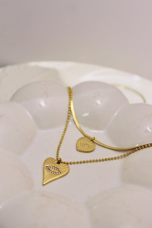 Golden Heart Evil Eye Layered Necklace