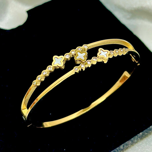 White Clover Crystal Gold Kada Bracelet
