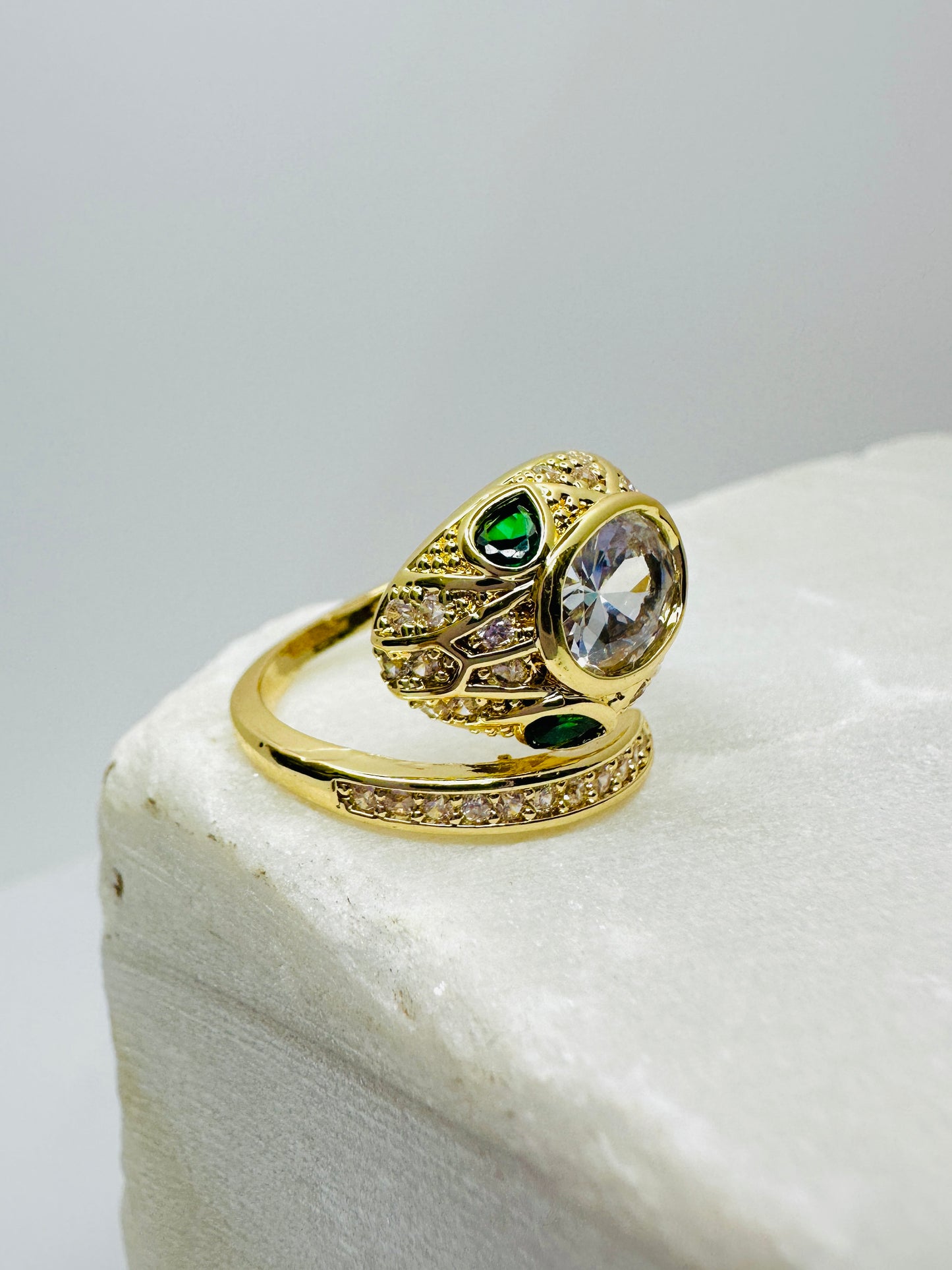 Emerald-Eyed Serpent Gold Ring