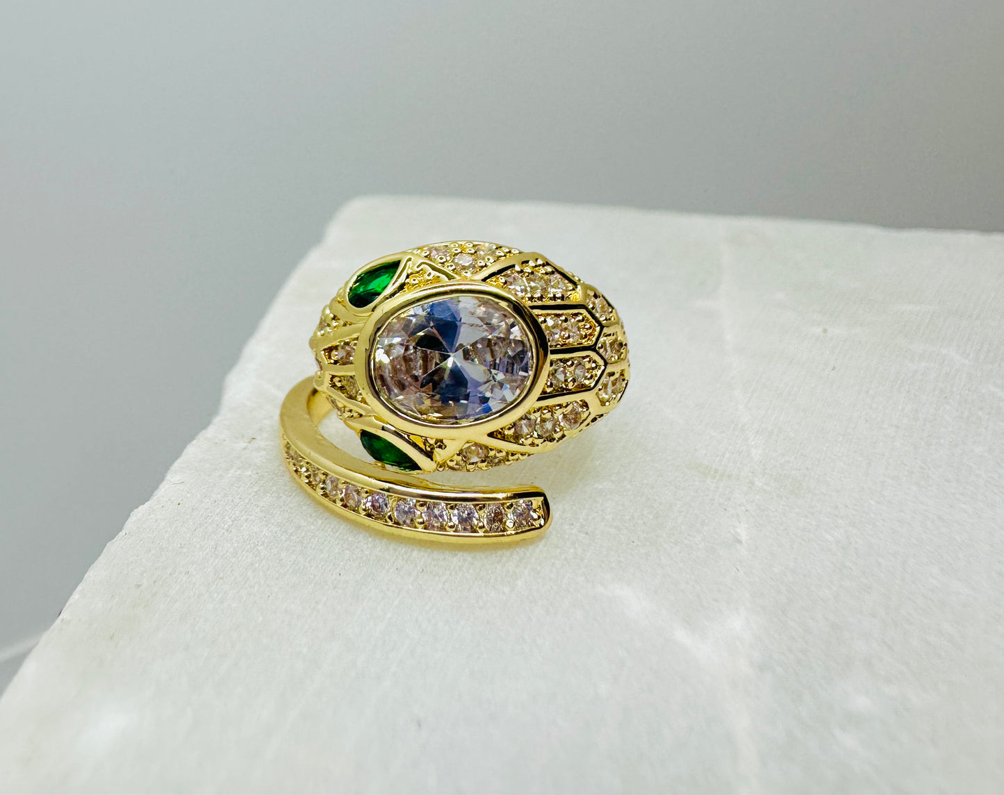 Emerald-Eyed Serpent Gold Ring