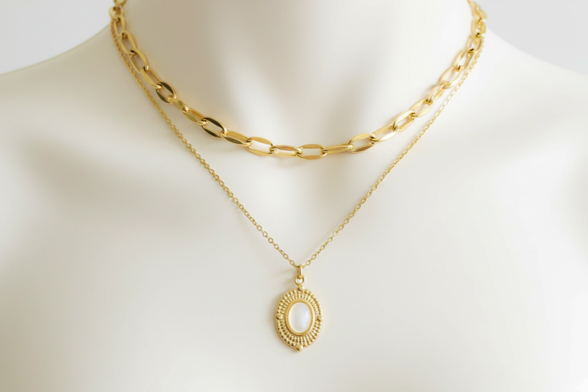 Oval Pearl Pendant Layered Necklace