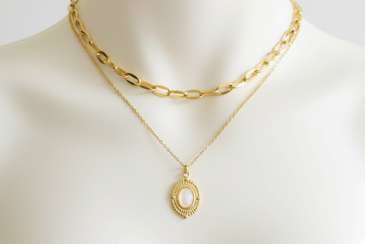Oval Pearl Pendant Layered Necklace