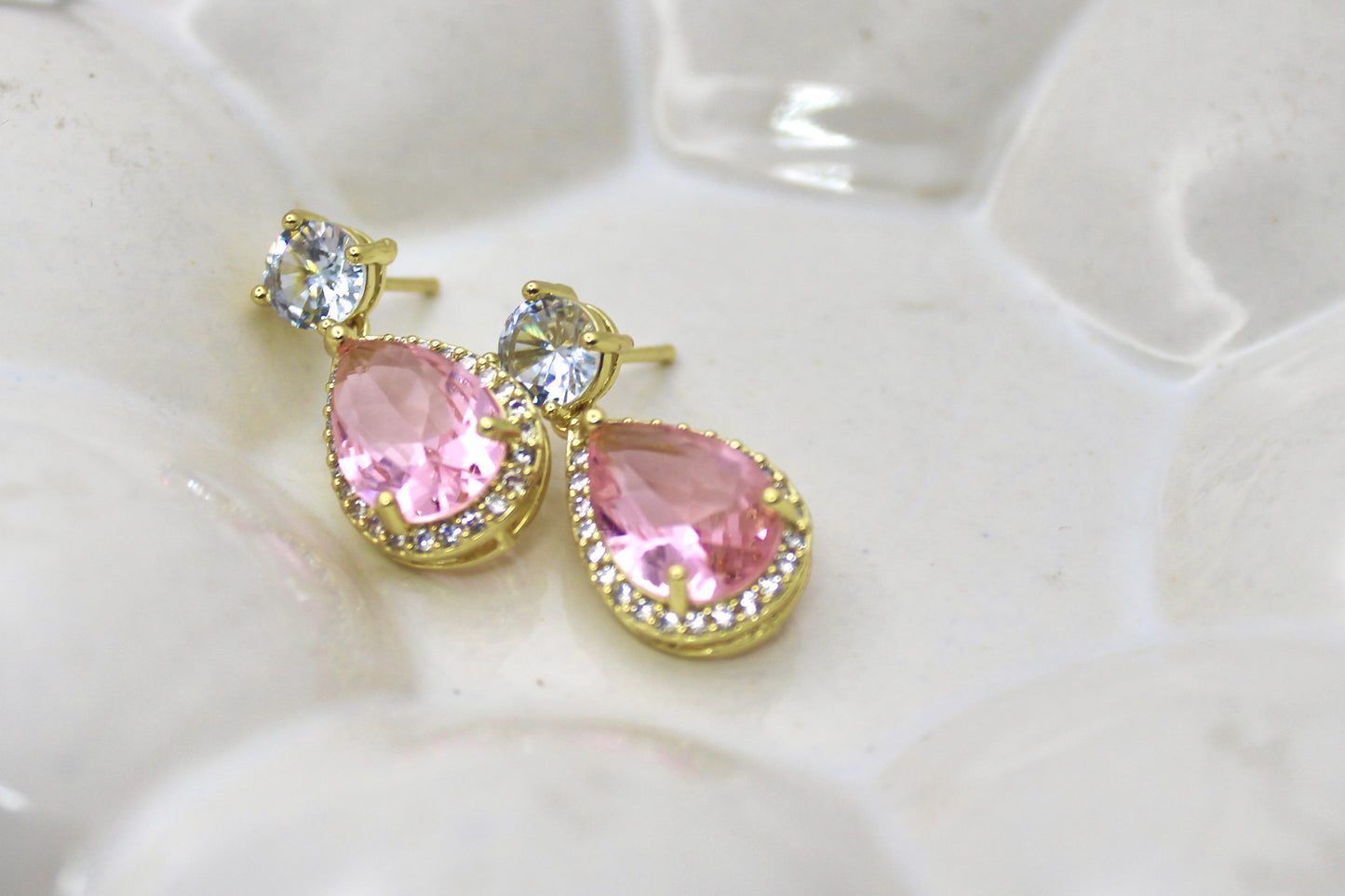 Pink Teardrop Crystal Studs
