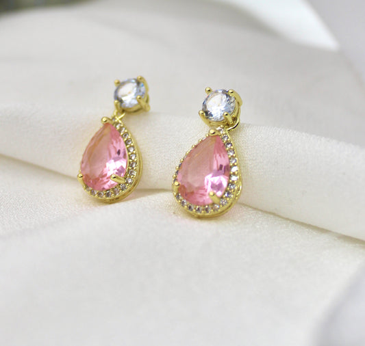Pink Teardrop Crystal Studs
