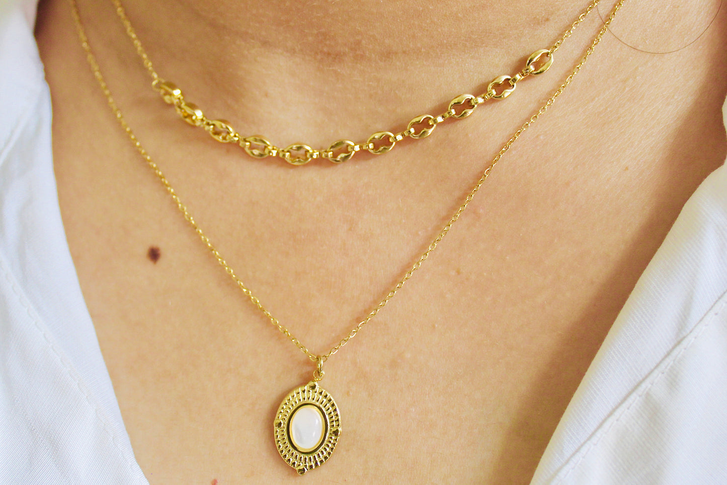 Oval Pearl Pendant Layered Necklace