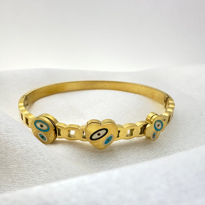 Evil Eye Heart Gold Cuff