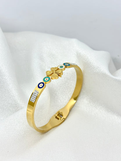Evil Eye Clover Gold Kada Bracelet