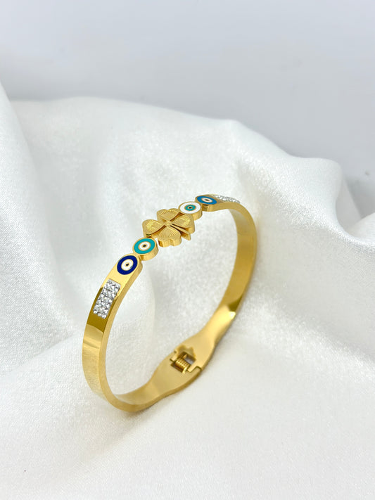 Evil Eye Clover Gold Kada Bracelet
