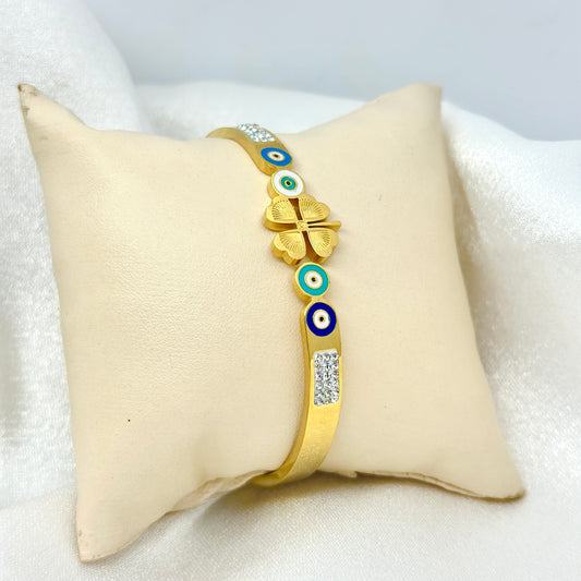 Evil Eye Clover Gold Kada Bracelet