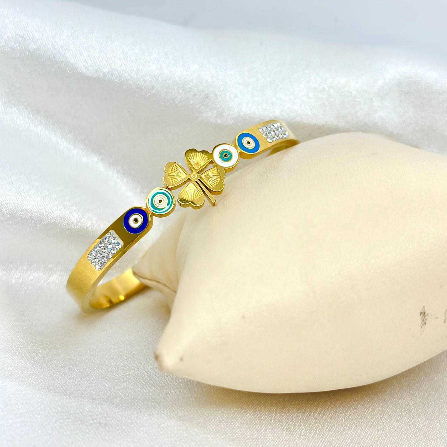 Evil Eye Clover Gold Kada Bracelet