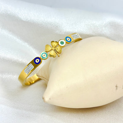 Evil Eye Clover Gold Kada Bracelet